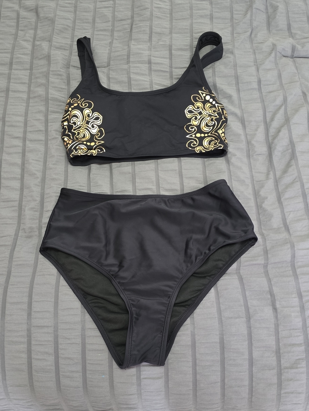 Black High-Waist Two-Piece Swim Set with Gold Accent Sz Small Nwt